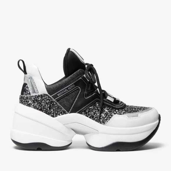 Michael Kors Olympia Trainer Chunky Glitter Black Silver Sneaker Women 11 M - Picture 3 of 8